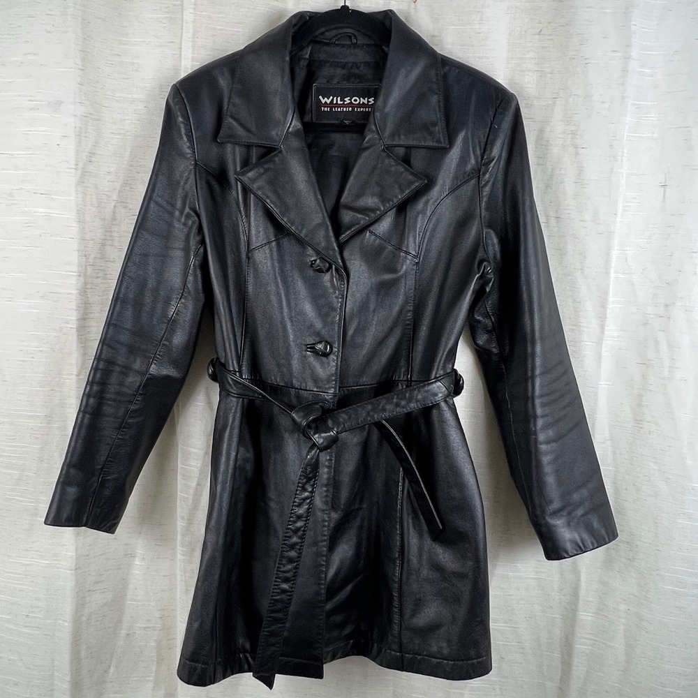Wilsons The Leather Experts Black Leather Belted Trench Coat Jacket Womens L